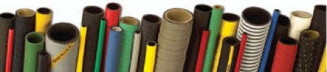 Assortment of industrial hoses in various sizes and materials